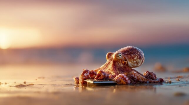 An adorable octopus curiously interacts with a smartphone lying on the sand, illuminated by the warm hues of a stunning sunset, creating a whimsical scene of marine life. - Powered by Adobe
