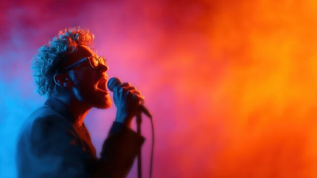 A passionate singer passionately performs into a microphone surrounded by a mesmerizing blend of colorful smoke, enhancing the emotional impact of the performance.