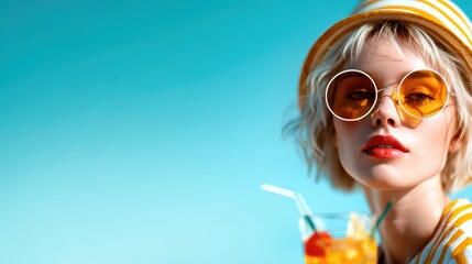 A stylish woman with a refreshing drink, set against a bright blue background, radiating confidence and summer vibes with vibrant colors and fun expression.