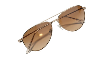 Isolated golden metal-framed aviator sunglasses with brown gradient lenses, sun protection