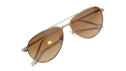 Isolated golden metal-framed aviator sunglasses with brown gradient lenses, sun protection