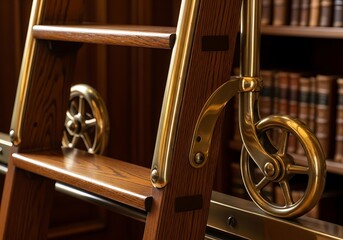 Close-up view of an elegant library ladder with intricate bronze wheels and wooden structure against a bookshelf