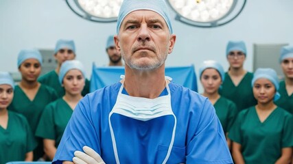 A confident male surgeon in his 50s stands at the forefront of a surgical team, composed of diverse medical professionals in a modern operating room, ready for surgery. - Powered by Adobe