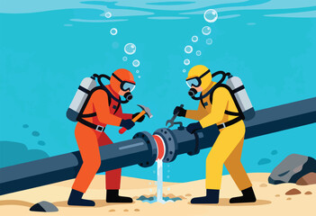 Two divers in scuba gear work on a large underwater pipe