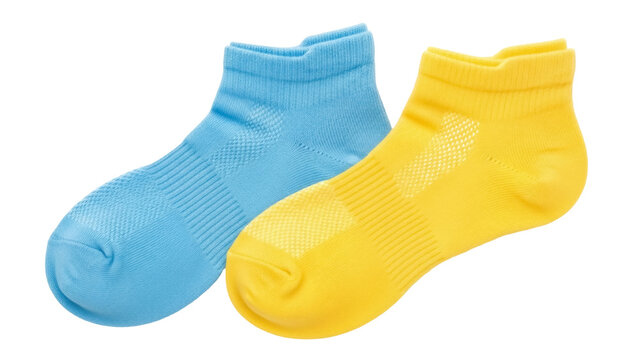 Isolated ankle socks in blue and yellow for women, girls, or kids, sports and fashion wear