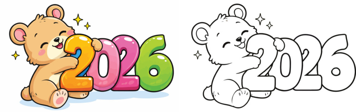 2026 numbers coloring page with a cute cartoon bear hug An illustration of a Happy New Year animal mascot