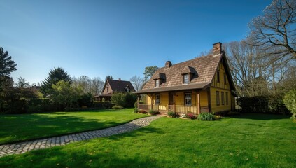 Obraz premium Yellow house with expansive lawn in a suburban setting, highlighting seasonal change, Earth Day
