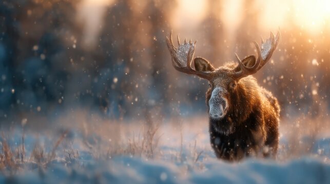 This stunning image captures a majestic moose wandering through a snowy forest, embodying the beauty and serenity of winter in its natural habitat and evoking a sense of wonder.