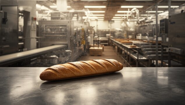 Bread manufacturing process featuring French baguette in a bakery setting, production speed