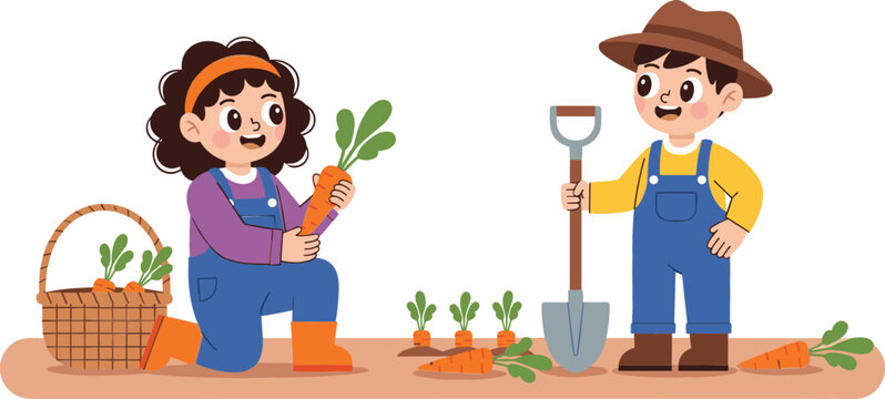 Cute cartoon children gardening and harvesting fresh carrots in a vegetable garden vector illustration for kids education