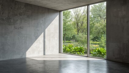 Fototapeta premium Interior space featuring a glass window frame against a concrete wall surface, used as a layout or backdrop, Earth Day