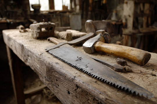 Old Woodworking Tools on Workbench - Powered by Adobe