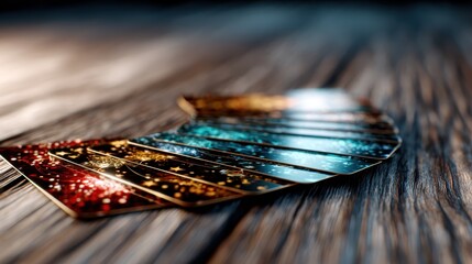 An artistic arrangement of fanned playing cards shimmering with colors, set on a rustic wooden table, evokes feelings of excitement and anticipation in card games.