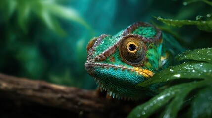 A vibrant close-up of a chameleon resting amidst lush greenery, showcasing its colorful skin and the richness of its natural habitat in a stunning and detailed way.