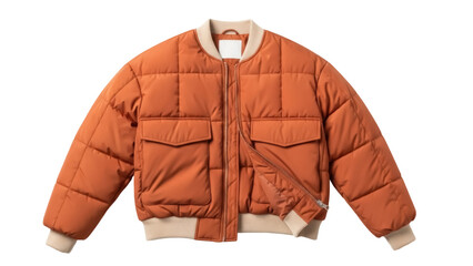 Isolated puffer jacket, orange casual coat with pockets and zipper, autumn and winter wear © Natasha
