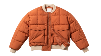Isolated puffer jacket, orange casual coat with pockets and zipper, autumn and winter wear