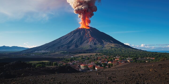 Volcano Etna with flowing lava, geological activity and natural landscape features