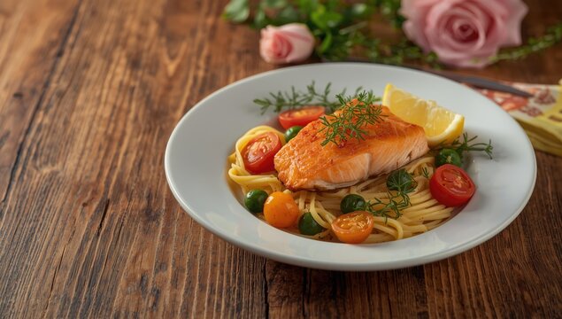 Pink salmon paired with traditional Italian tagliatelle and vegetables, highlighting a balanced dish for a food awareness day