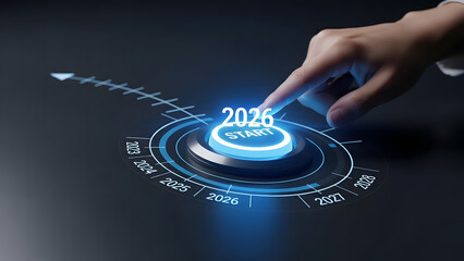 Futuristic hand pushing 2026 start button surrounded by circular timeline with various year numbers for concept of strategic future planning and technological advancement on dark gray surface