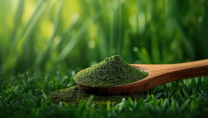 Spirulina algae powder in a wooden spoon resting on grassy ground, emphasizing health benefits as a nutrient-rich food