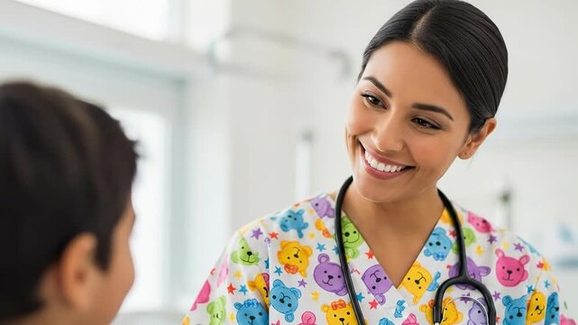 Smiling Hispanic Female Nurse Wearing Colorful Scrubs While Interacting with a Young Male Patient in a Bright Hospital Room