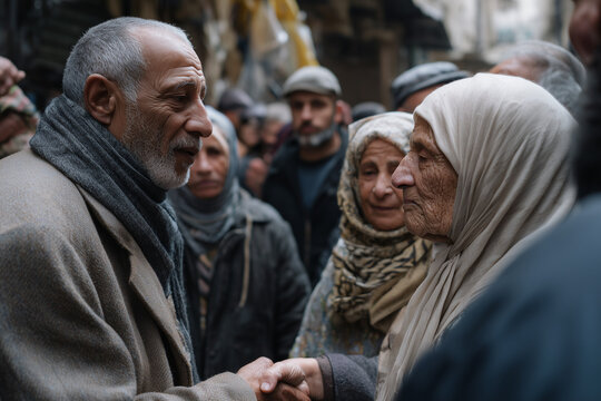 Touching Handshake in a Crowded Market - Powered by Adobe