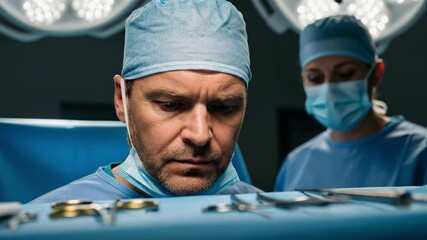 Experienced Male Surgeon in Surgical Scrubs Focused on Patient Care During Procedure in Modern Operating Room with Nurse, Bright Surgical Lights Above