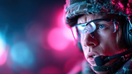 A soldier in tactical gear concentrates, highlighting the intensity of modern warfare and technology, capturing a moment of readiness in a vibrant, dynamic atmosphere.