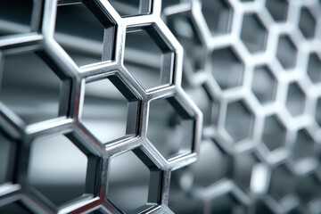 Hexagonal metal mesh panel macro, repeating geometric lattice industrial texture