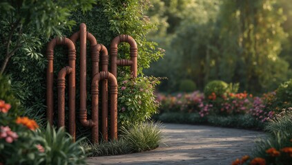 Decorative rusted metal piping used in architectural accents, highlighting industrial style elements
