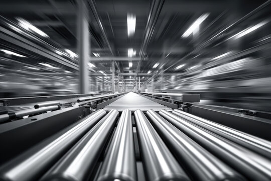Industrial roller conveyor with parallel steel cylinders creating strong perspective lines in warehouse