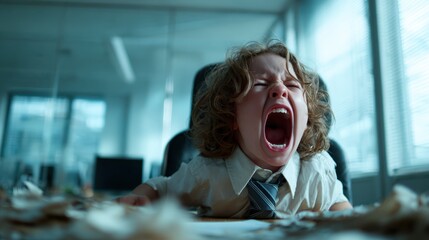 A distressed young child in formal attire, overwhelmed by a chaotic environment of scattered papers in an office setting, representing the pressures of childhood expectations.