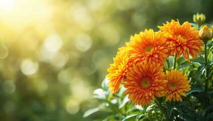 Colorful chrysanthemums in bloom with selective focus and blurred garden backdrop, suitable for floral layout design