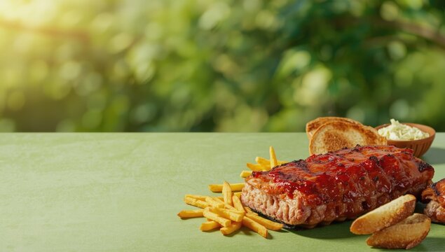 Barbecued pork ribs with caramelized surface, highlighting grilling process and meat quality, suitable for outdoor cooking scenes