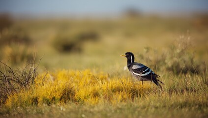 Northern black korhaan among yellow grasses in Etosha NP, highlighting dry season bird activity