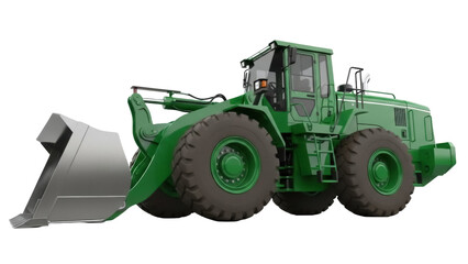 Isolated green front loader industrial vehicle, construction equipment machine on display