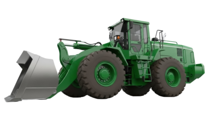 Isolated green front loader industrial vehicle, construction equipment machine on display