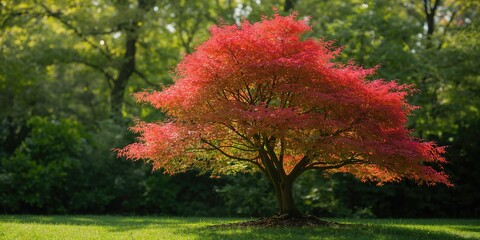 Japanese Maple Sango Kaku displaying colorful leaves, ornamental tree, autumn foliage