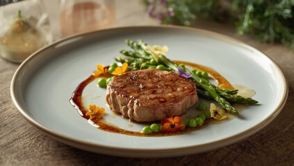 Gourmet presentation of Iberian pork meat, highlighting culinary craftsmanship and fine dining style