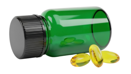 Isolated green plastic bottle and three yellow translucent omega-3 vitamin softgel capsules lying nearby