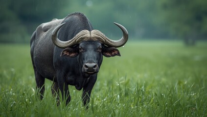 Fototapeta premium Post-rain period shows buffalo feeding on lush grass, highlighting wildlife resilience