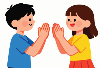 Fototapeta premium Two children with smiling faces clap their hands in a gesture of excitement or agreement
