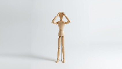 Carved wooden figure shielding its head with hands in safety demonstration, neutral training environment