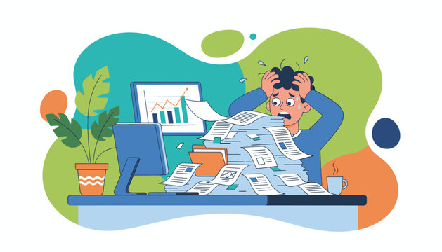 Stressed worker buried under a massive pile of documents deadline pressure and overload concept