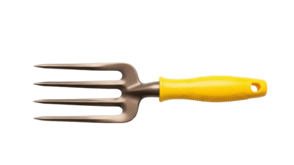 Isolated hand fork tool for soil cultivation, small gardening fork with yellow handle tool