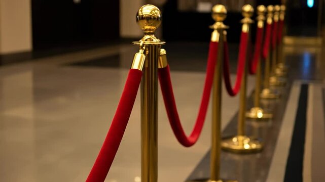 Elegant Red Rope Barrier in a Luxurious Venue: A Close-Up View of a Gold Polished Stanchion with Red Velvet Rope, Emphasizing an Atmosphere of Exclusion and Glamour