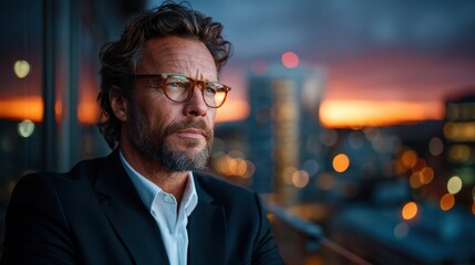 A confident man gazes thoughtfully at the sunset, dressed elegantly in a suit. The bokeh effect of city lights creates a captivating atmosphere of reflection and calm.