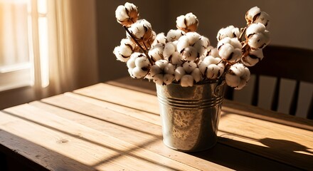 Bouquet of natural white cotton flowers in a metal bucket on a wooden table with hard sunlight shadows. Rustic home decor and textile concept.