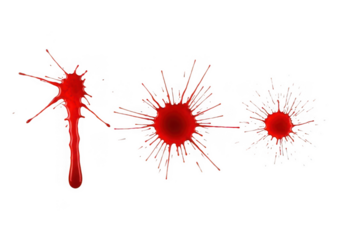Collection of three red blood splatters and drops in various sizes isolated on transparent background for horror or medical design