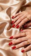 Fototapeta premium Elegant Female Hands Touching Soft Fabric Close Up